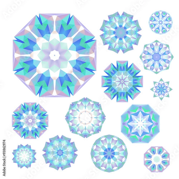 Fototapeta Set of blue polygonal snowflakes on white, in vector