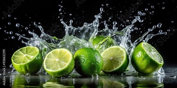 Fototapeta Green limes in splashes of water on a black background, fresh, citrus, fruit, wet, refreshing, vibrant, healthy, juicy