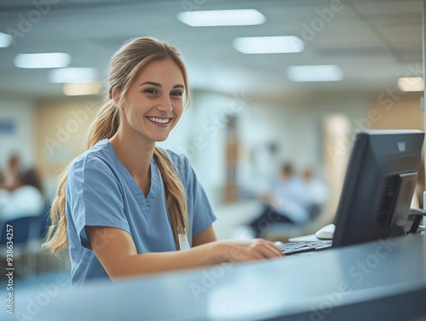 Fototapeta A hospital receptionist greeting a patient at the front desk, smile warmly and check them in on a computer system
