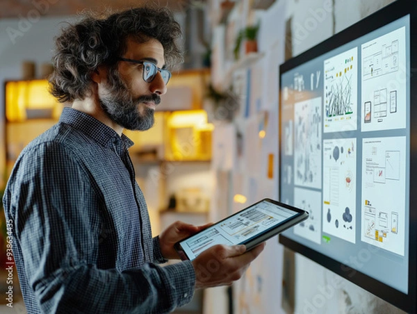 Fototapeta A UX/UI designer sketching out design concepts on a digital tablet, with wireframes and mood boards displayed on a wall-mounted screen in a creative corner of the office