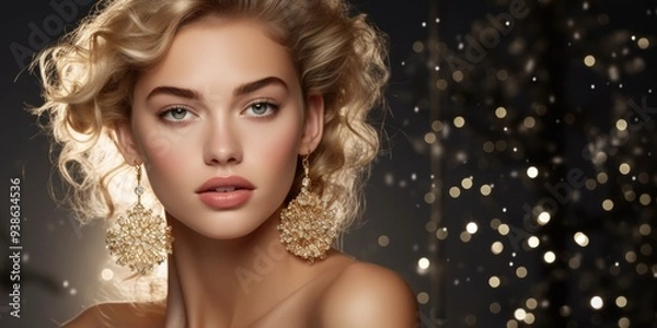 Fototapeta Glamorous Woman with Sparkling Earrings Against Bokeh Effect Background