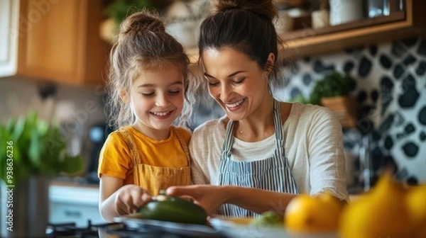 Fototapeta A mother and daughter washing dishes together, their movements in sync, creating a stress-free routine