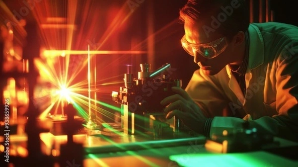Obraz Scientist in lab coat and protective eyewear conducting laser experiment with green and orange light in high-tech laboratory.