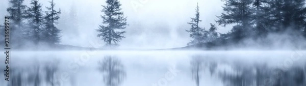 Fototapeta Misty Morning Fog Over Calm Lake, tranquil textures of fog enveloping still waters, distant trees softly hidden, evoking serenity and an ethereal natural atmosphere