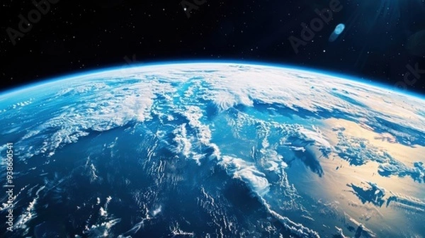 Obraz Stunning view of Earth from space showcasing the planet's curvature, atmosphere, and vibrant blue oceans under the vast expanse of space.