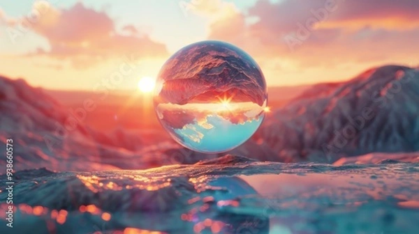 Fototapeta Surreal landscape at sunset with a reflective glass sphere floating above rocky terrain, capturing a vibrant sky and setting sun.