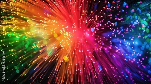 Fototapeta Vibrant light burst with multicolored particles radiating from the center. Perfect for festive, celebratory, and abstract themes.