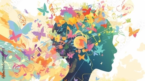 Fototapeta A creative illustration of a colorful head with music notes, brain waves, and butterflies floating around it on a white background