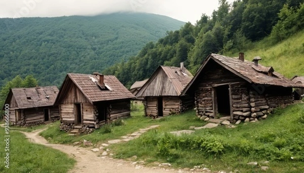 Fototapeta  Nestled in natures embrace  Rustic mountain cabins