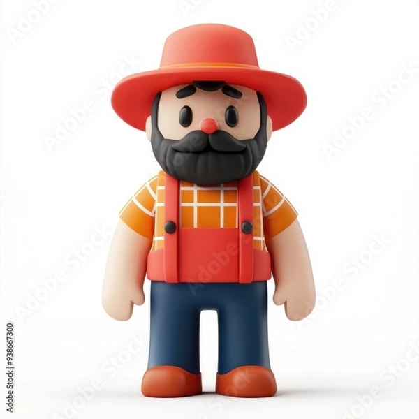 Fototapeta A cheerful cartoon farmer character with a bushy beard, bright outfit, and a hat, perfect for children's illustrations.