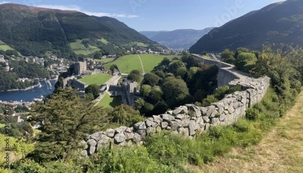 Obraz  Enchanting castle perched atop a verdant hill overlooking a serene valley