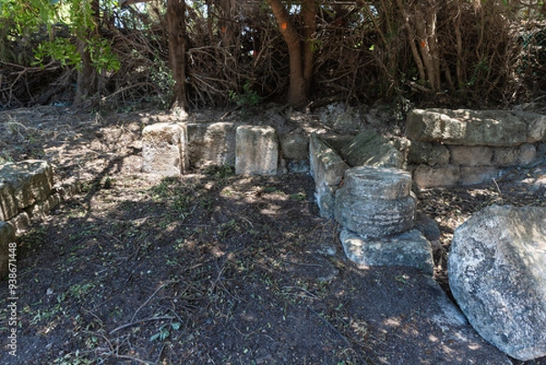 Fototapeta Stone  fragments of the inner rooms of synagogue from 1st 2nd centuries AD near Beit Shearim necropolis near Kiryat Tivon city in the northern Israel