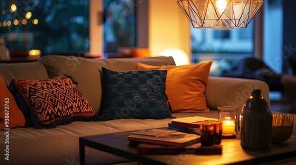 Fototapeta Transform Your Space: Cozy Living Room Poster Featuring Plush Sofa, Vibrant Pillows, Unique Coffee Table, and Warm Geometric Pendant Light for Inspiration and Style