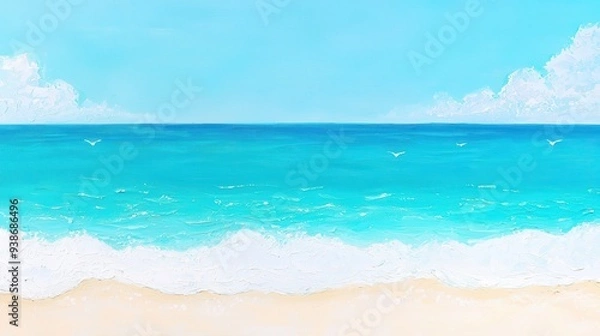 Obraz Blue Ocean Waves with Sand and Clouds Abstract Painting