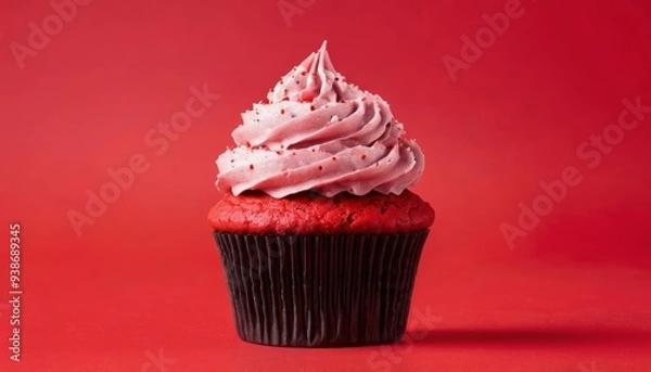 Fototapeta  Deliciously tempting red velvet cupcake with a generous swirl of cream cheese frosting