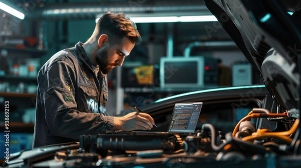 Fototapeta Mechanic using a laptop to diagnose car engine issues in a garage, showcasing modern auto repair technology and expertise.