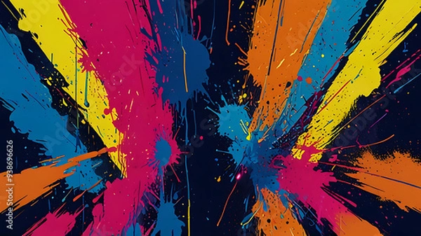 Fototapeta A playful abstract wall with splashes of neon yellow, electric blue, and hot pink, creating a fun and energetic vibe, modern design.