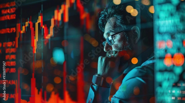 Obraz Stock trader suddenly fails, financial crisis concept with sad stockbroker with negative symbol data, red chart and real time data