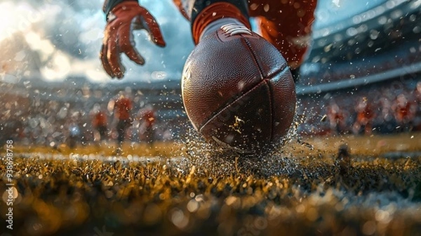 Fototapeta Intense football moment, player kicking, college stadium, helmet detail, dynamic shot