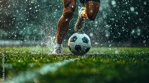 Obraz Soccer player dribbling the ball, fierce determination, muscular legs in motion, green field