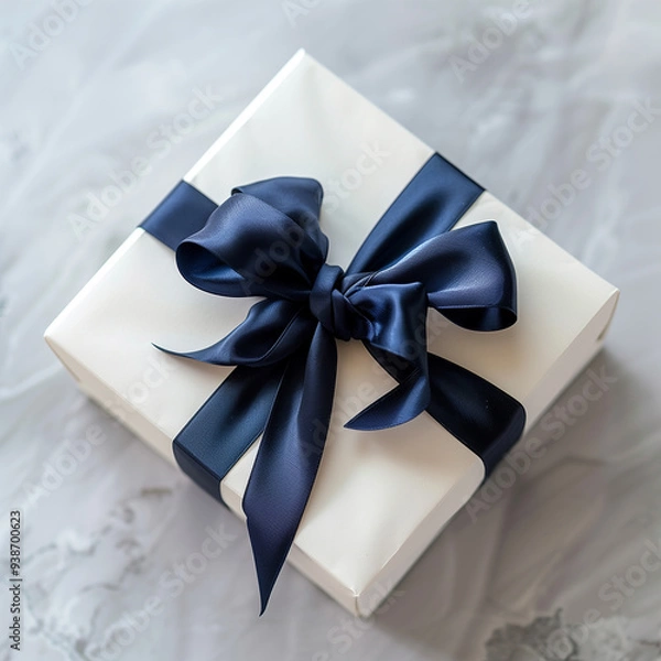 Fototapeta White cube gift box with a silky dark blue ribbon, elegant ribbon bow