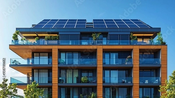 Fototapeta Solar panels on a modern apartment building, sustainable living, green technology, energy efficiency, innovative urban development