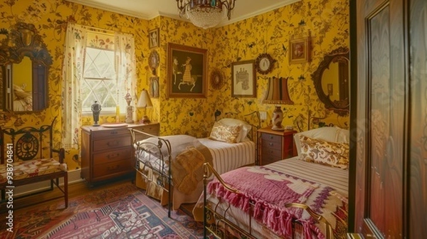 Fototapeta The cozy appeal of a kids' bedroom and living room, both featuring elegant wooden floors. This interior design blends warmth and functionality, creating inviting spaces for family living.