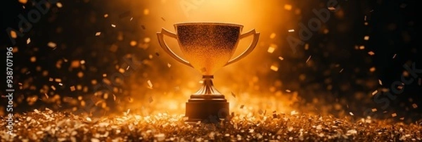 Fototapeta Golden trophy on a shimmering background, symbolizing victory, achievement, and celebration.