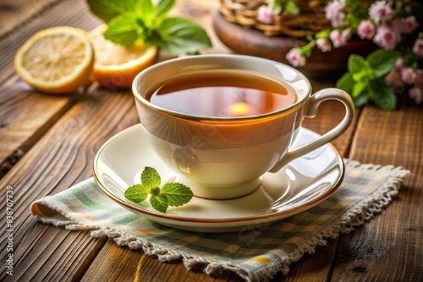 Fototapeta A white tea cup with a green mint leaf on top of it