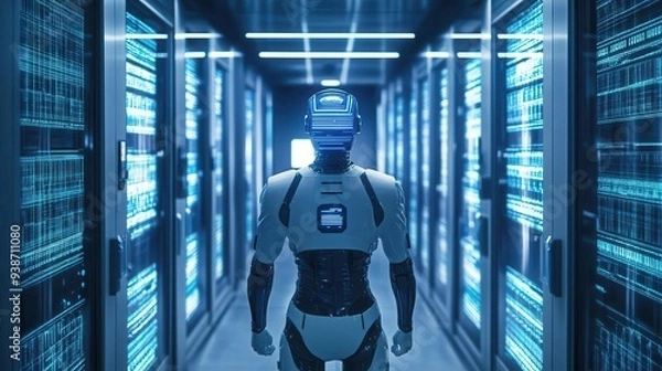 Fototapeta Futuristic robot navigating a high-tech data center filled with glowing servers and digital interfaces.
