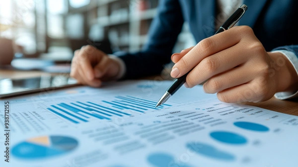 Fototapeta businessman’s hand holding a pen, gesturing to highlight key points during a discussion. Represents decision-making, leadership, focus, and professional analysis