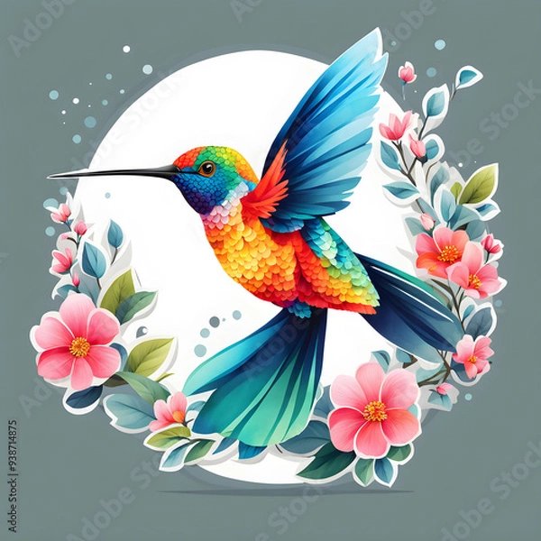 Fototapeta A colorful illustration of a hummingbird in flight, surrounded by blooming flowers. The bird displays an array of vibrant colors and full motion. Perfect for nature lovers. Generated AI