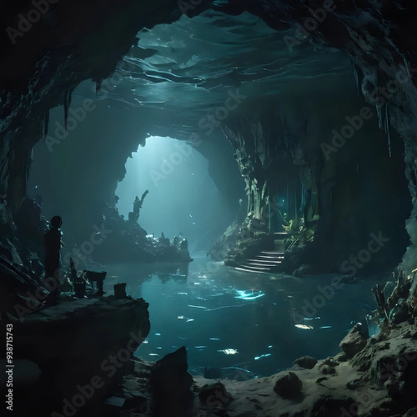 Fototapeta a man standing in a cave looking out at the water