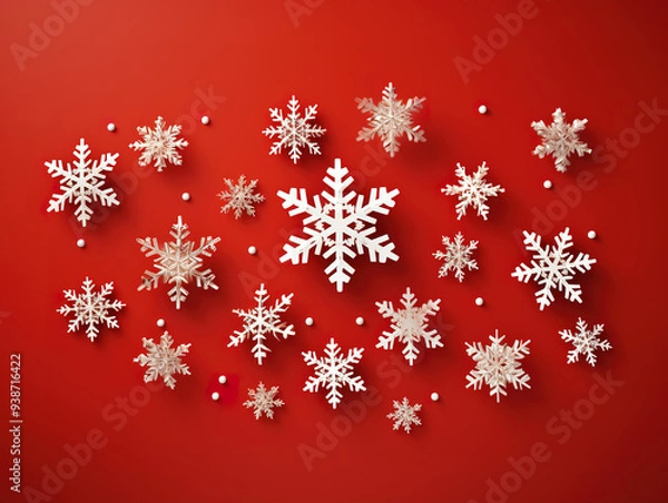 Fototapeta Christmas red background with snow and snowflake christmas card with snowflake.