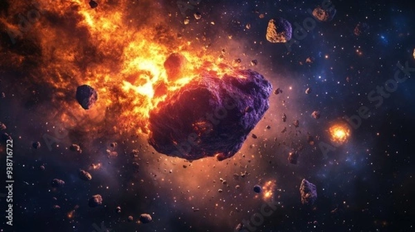 Fototapeta Epic Cosmic Explosion of Colliding Asteroids in the Vastness of Space