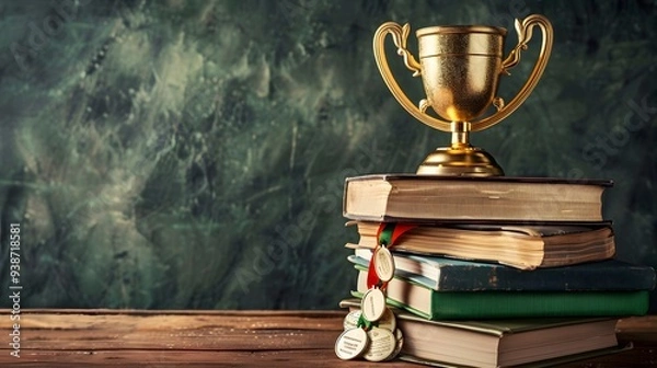 Obraz Stack of books with a golden cup trophy and medals, symbolizing educational success.