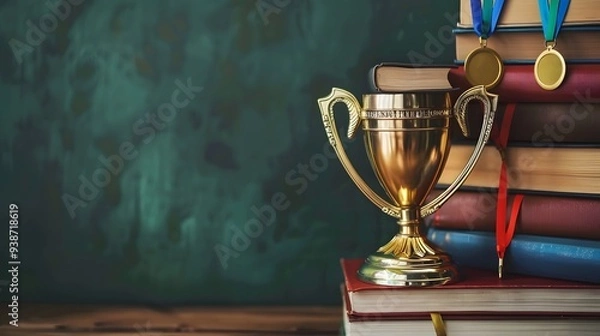 Fototapeta Stack of books with a golden cup trophy and medals, symbolizing educational success.