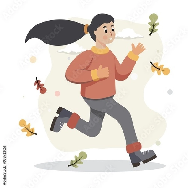Obraz Running sporty woman in a jacket and warm clothes runs against background of autumn landscape