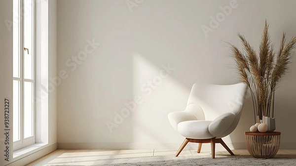 Obraz A white armchair with wooden legs sits in a bright and airy room with a window and a side table with dried flowers and decorative items.