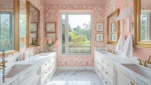 Fototapeta Bathroom with cream marble countertop, gold-framed mirrors, pink wallpaper, square aluminum window and white porcelain sink. Generative ai