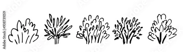 Fototapeta Set of various bushes, trees, forest plants. Nature and vegetation, landscape. Simple ink sketch, hand drawn vector drawing with black outline.