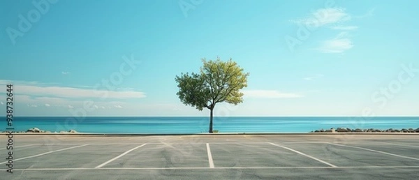 Fototapeta Lonely tree standing in an empty parking lot by the serene ocean under a clear blue sky. Perfect for nature and landscape themes.