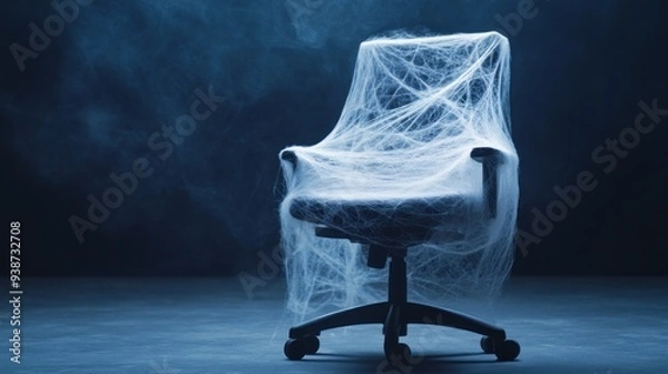 Fototapeta Haunted Office Chair, an eerie swivel chair shrouded in delicate cobwebs amidst a moody, dark blue background, evokes a sense of abandonment and mystery.