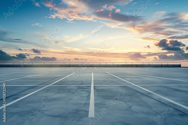Fototapeta Empty parking lot under a vibrant sunset sky with dramatic clouds and calm sea in the background, offering a serene and tranquil atmosphere.