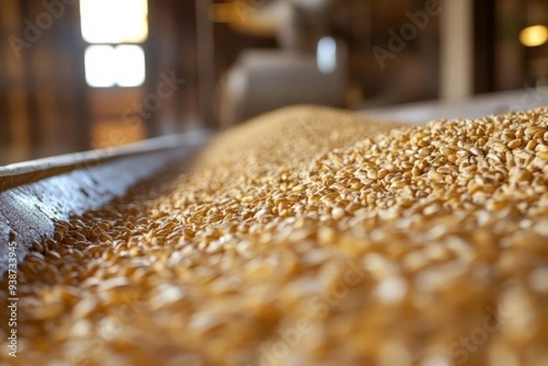 Fototapeta A close-up view of golden harvested grain in a wooden container, showcasing the texture and abundance of the crop in warm, natural light