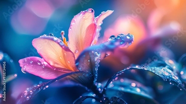 Fototapeta Colorful Flowers.Border Art Design.Magic Light.Close up Photography. Conceptual Abstract Image. Blue Background.Fantasy Floral Art. Generative ai