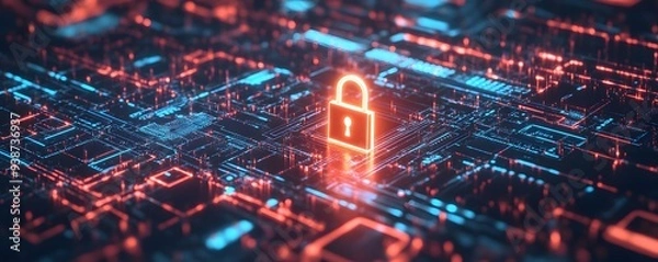 Fototapeta Digital padlock icon, cyber security banner, network and data protection technology on virtual interface screen. cyber attack, and business data privacy concept. Generative AI