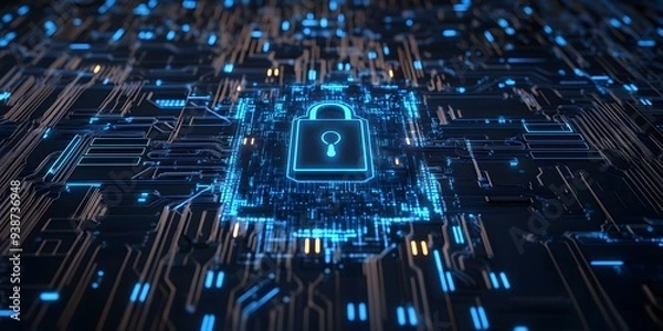 Fototapeta Digital padlock icon, cyber security banner, network and data protection technology on virtual interface screen. cyber attack, and business data privacy concept. Generative AI