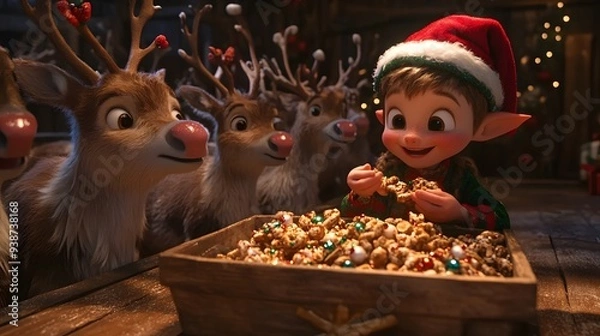 Fototapeta A cozy scene in the reindeer barn, where a group of elves is feeding the reindeer special Christmas treats