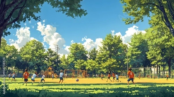 Fototapeta A group of friends is playing football in a large, open park